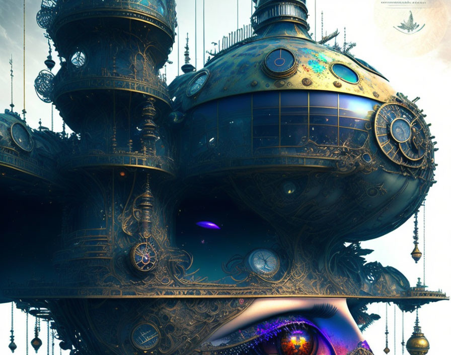 Intricate Steampunk Flying Ship with Balloon-like Structures