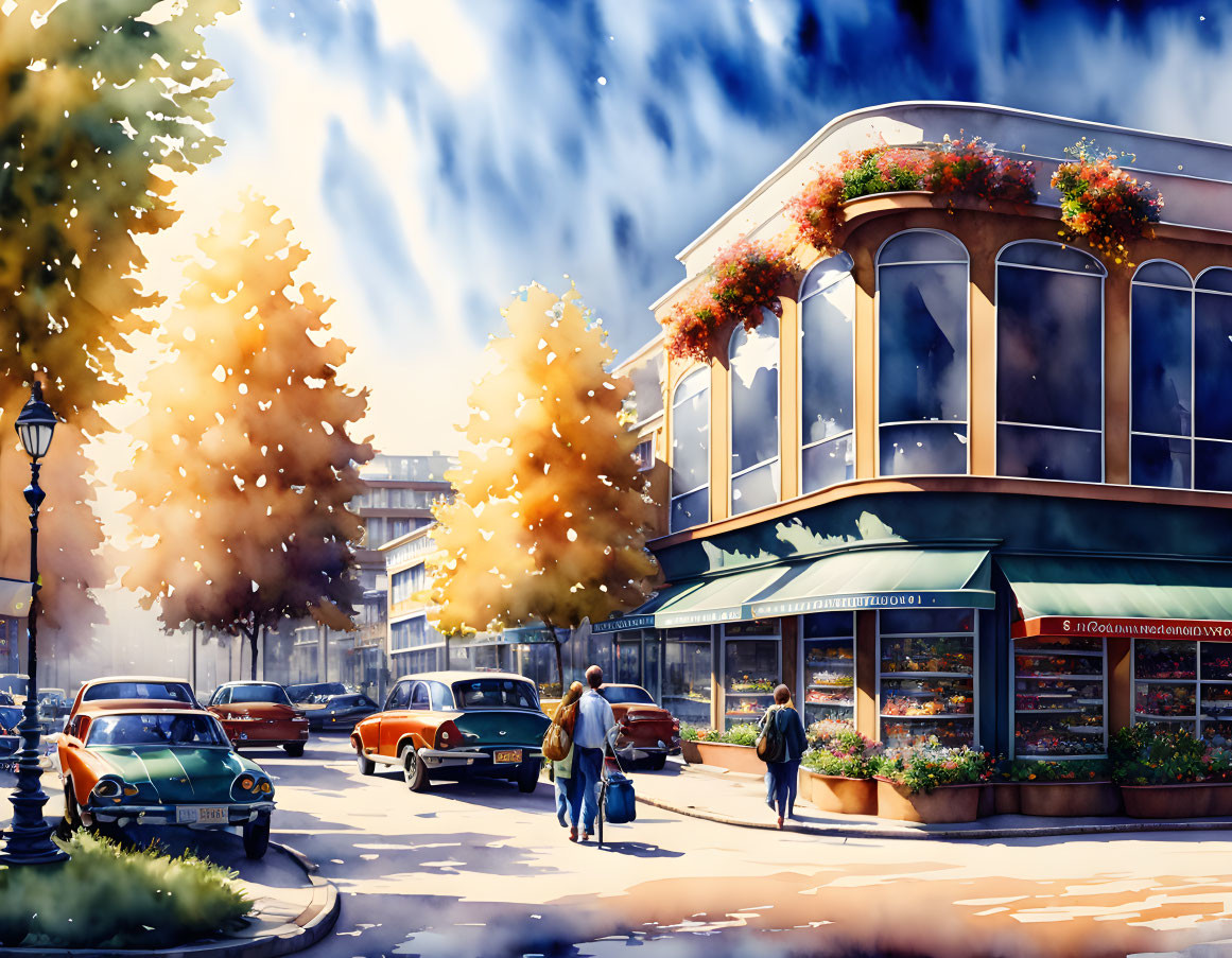 Vibrant Autumn City Street with People, Colorful Trees, Vintage Cars, and Café