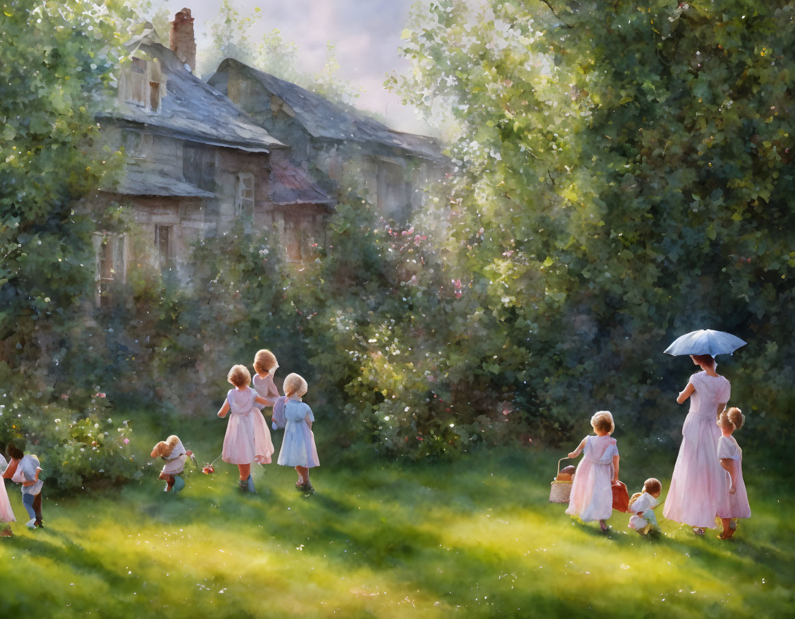 Children playing in sunlit garden near old house with adult holding umbrella