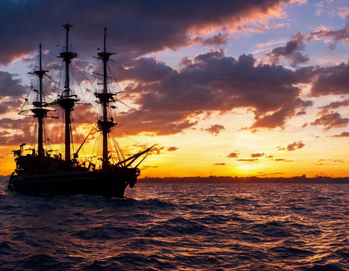 Sailboat with unfurled sails at sunset on wavy sea