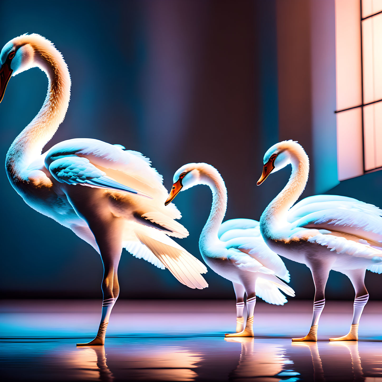 Three elegant swans in blue and pink lighting on dark surface