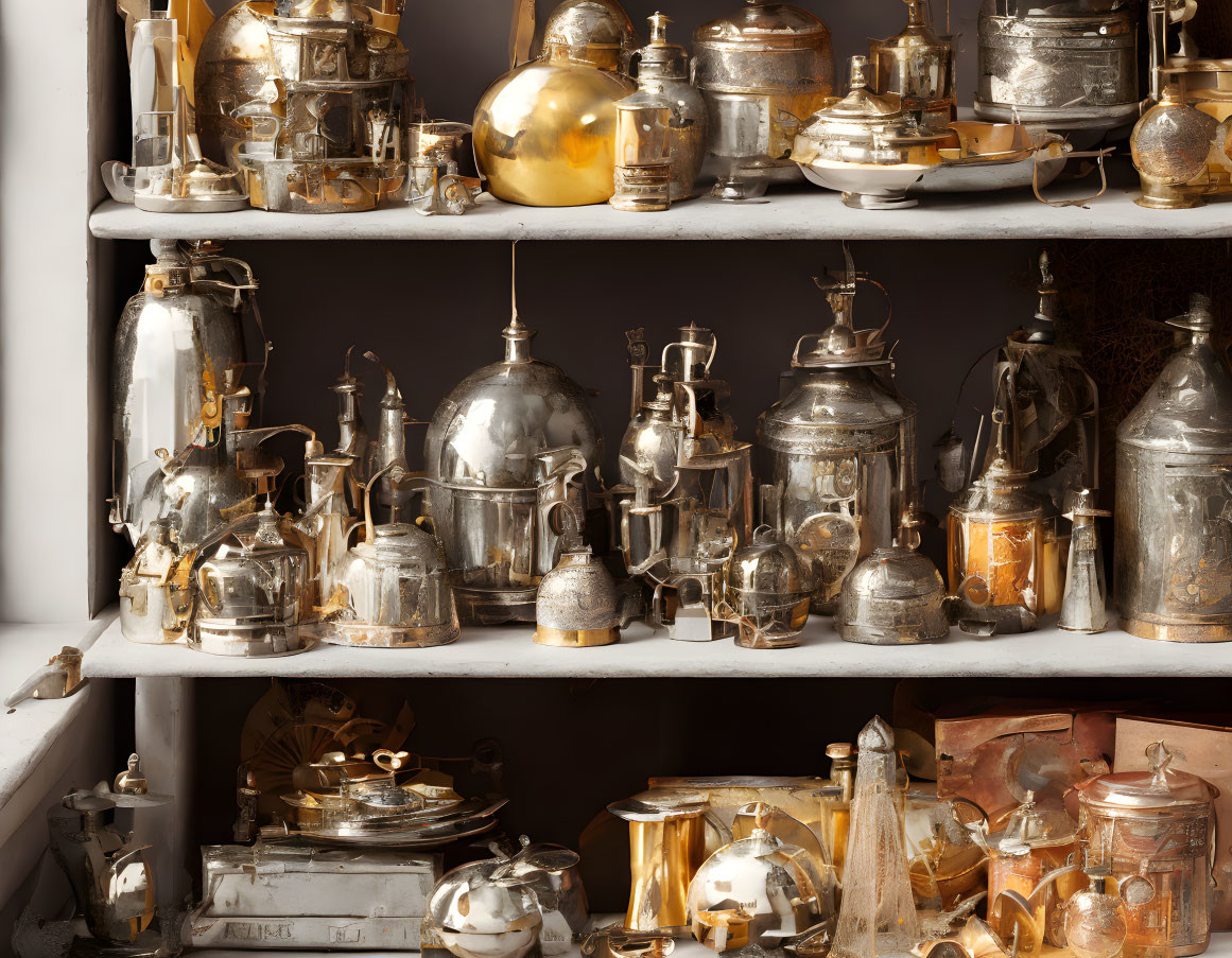 Vintage Metal Teapots, Coffee Pots, and Kettles in Silver and Gold Tones