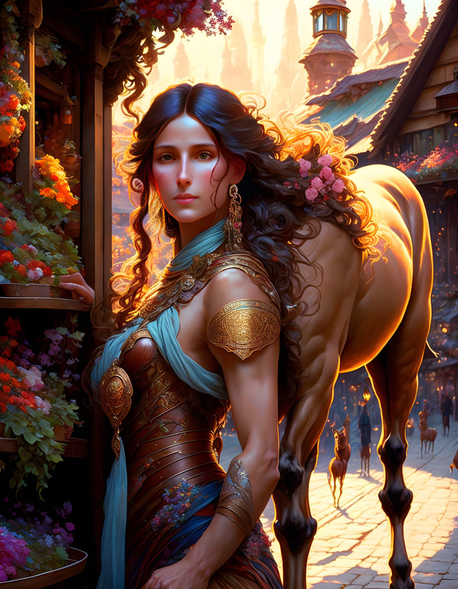 Regal woman in ornate armor with horse in vibrant cityscape