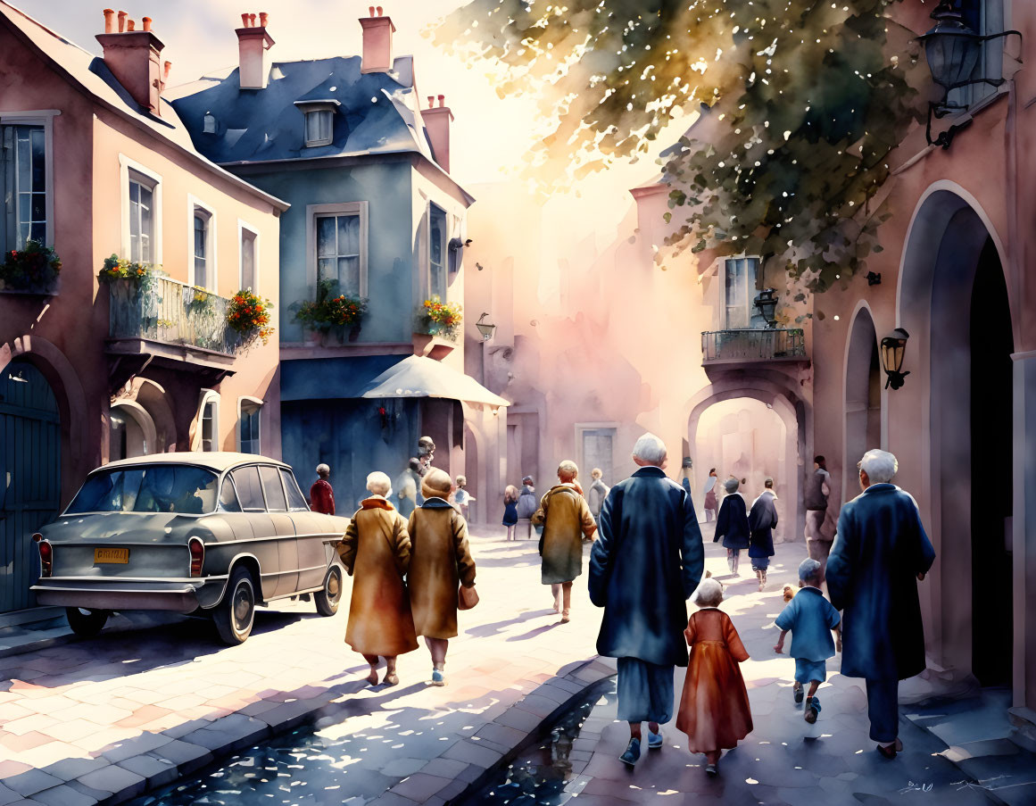 Quaint Street Scene Watercolor Painting with People and Vintage Car