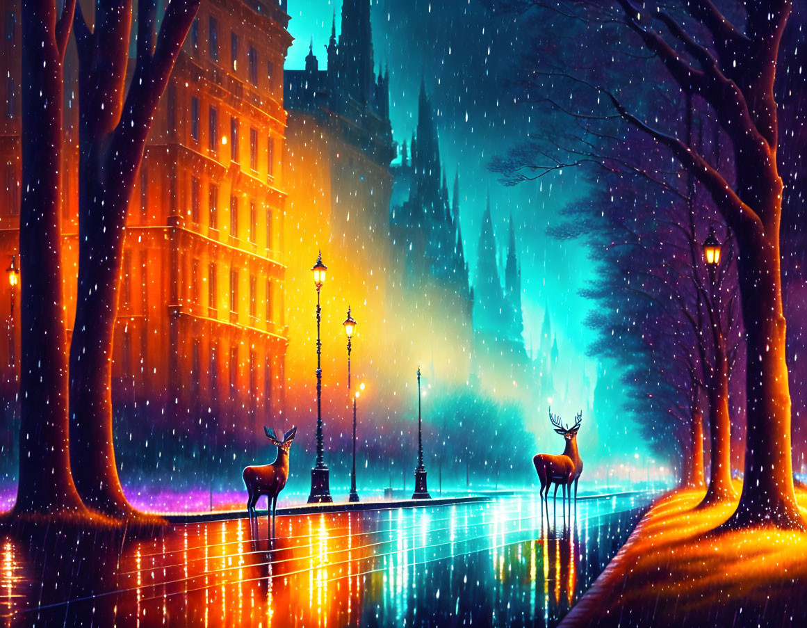 Snowfall night scene: deer, trees, colorful lights, wet pavement, castle-like building