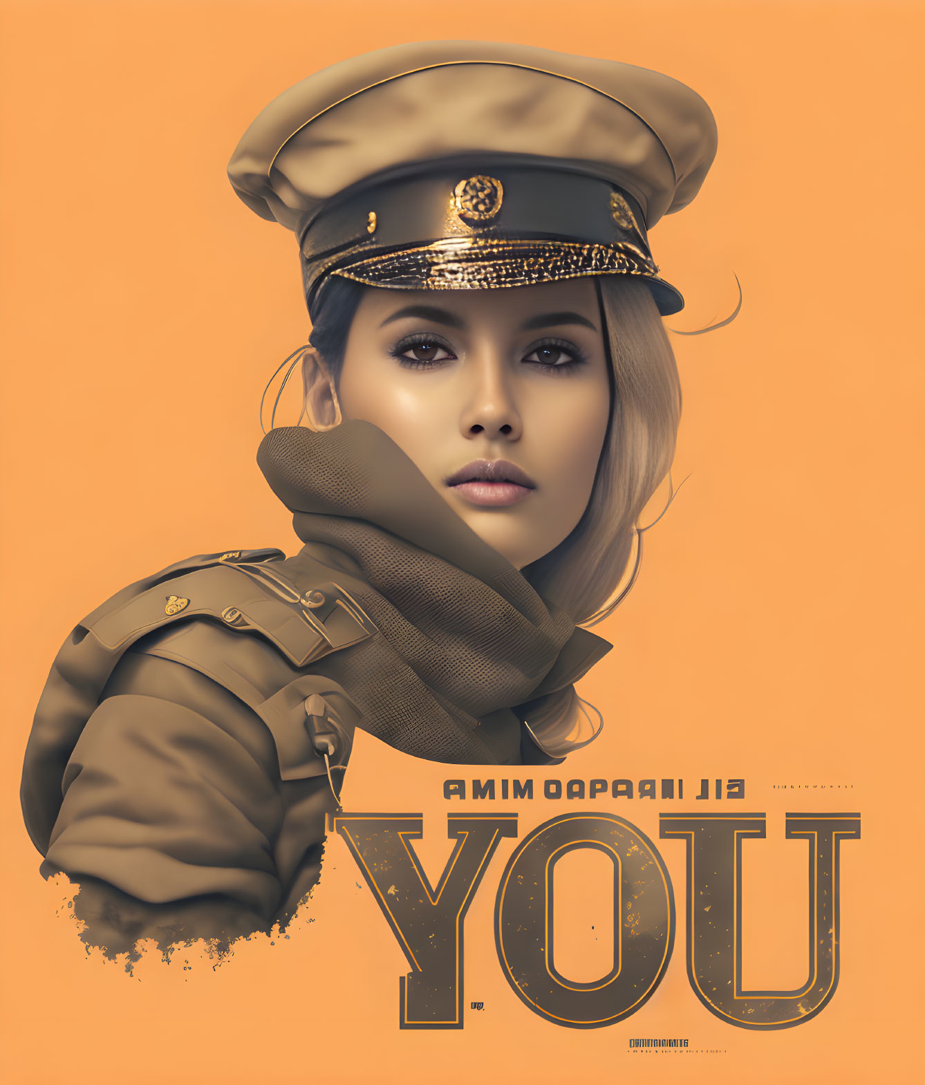 Stylized portrait of woman in military-style attire on orange background with Cyrillic text.