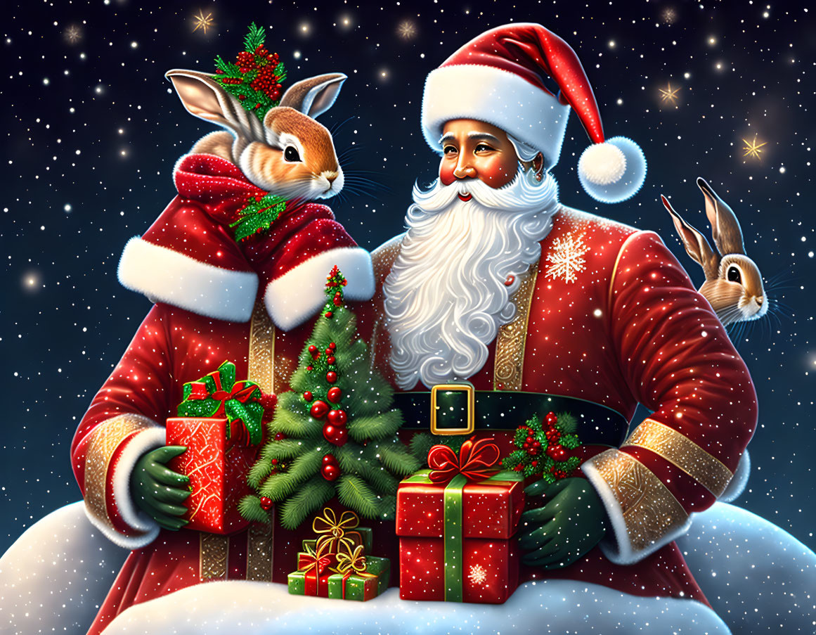 Festive Santa Claus with presents, Christmas tree, rabbits in snowy night landscape