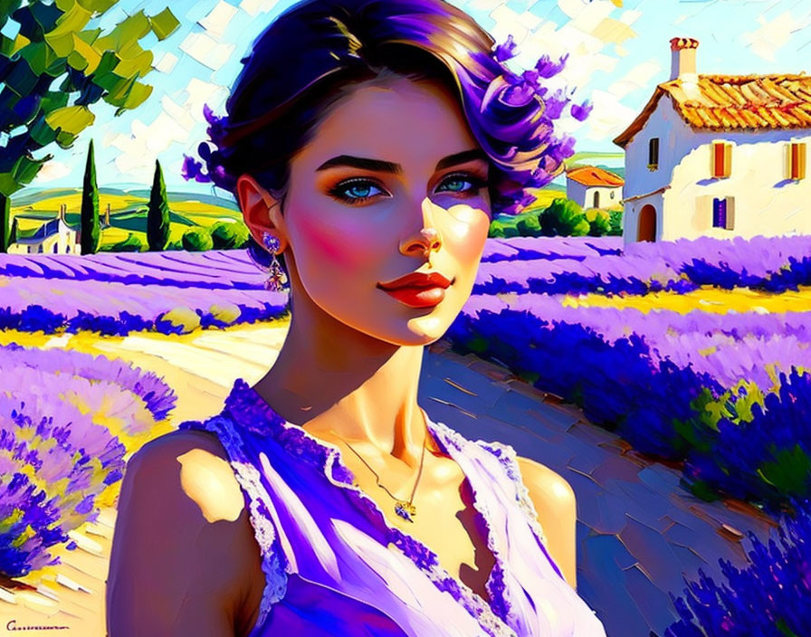 Digital artwork: Woman with green eyes and purple hair in lavender field