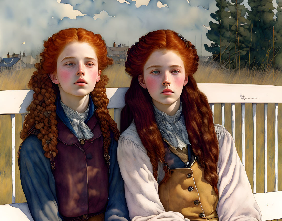 Two red-haired girls with braids on bench under cloudy sky.