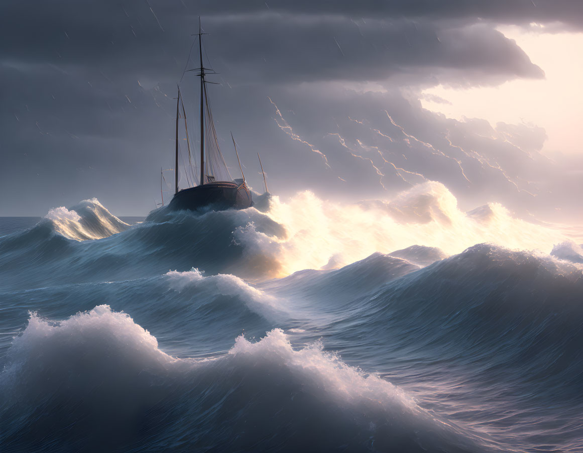 Sailboat in stormy sea with lightning bolts