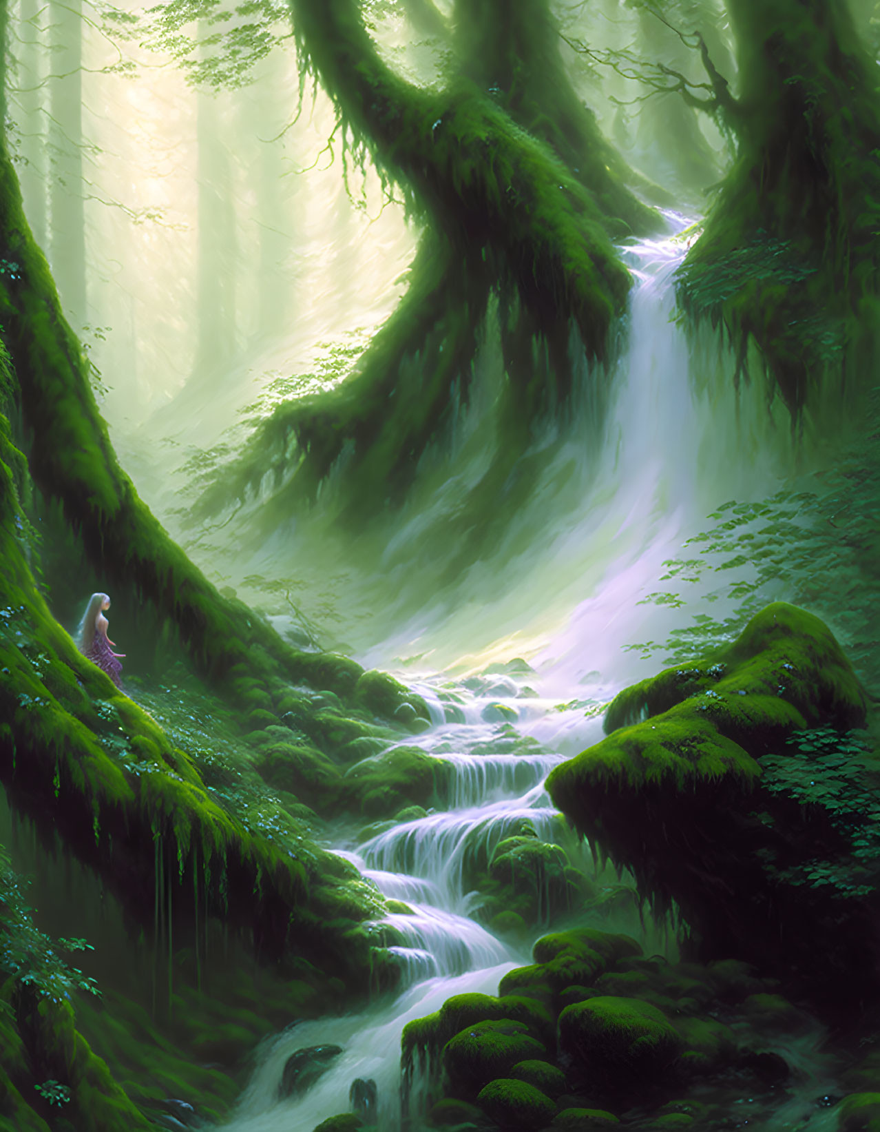 Mystical forest with waterfall, lush greenery, and solitary figure