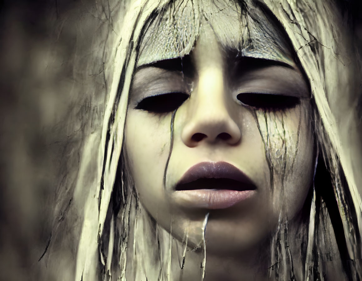 Detailed Close-Up of Person with Striking Silver Makeup and Hair Draped Over Face