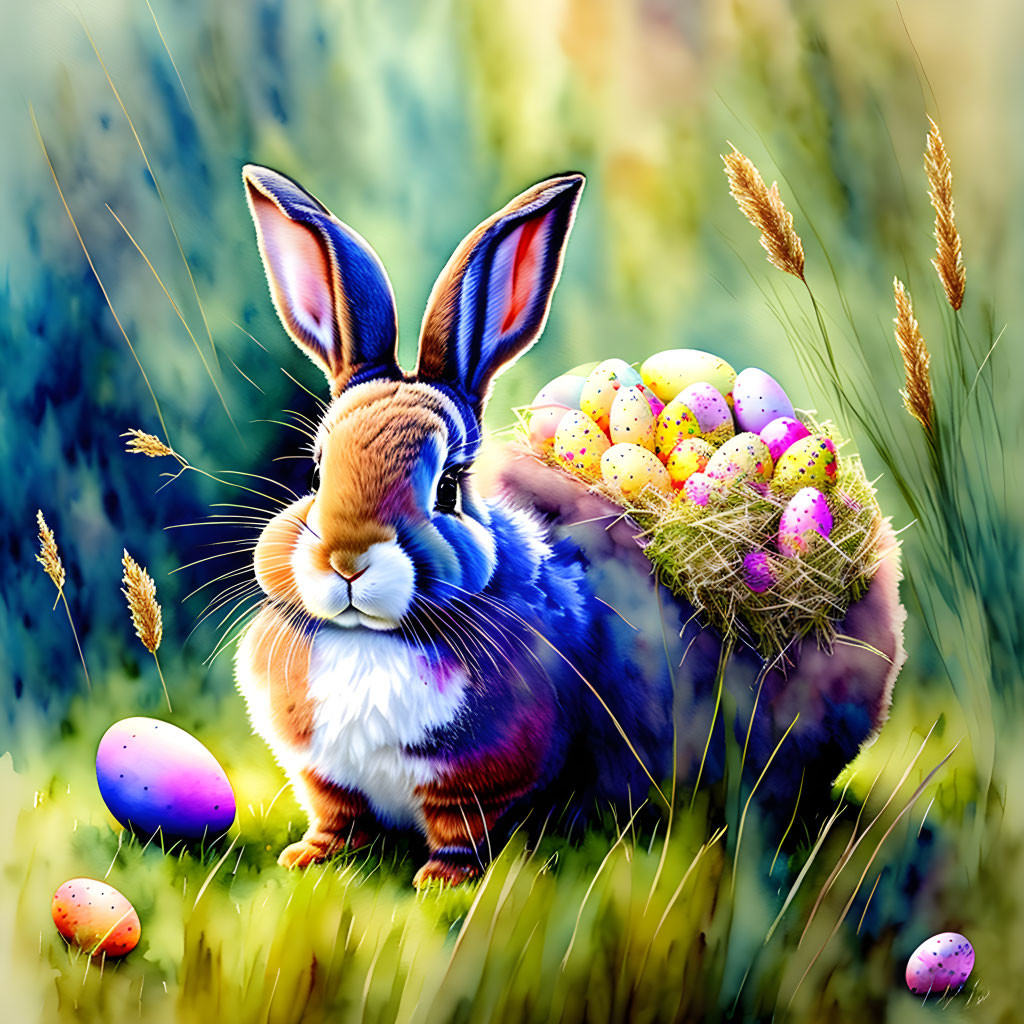 Colorful Easter rabbit illustration with eggs in a field