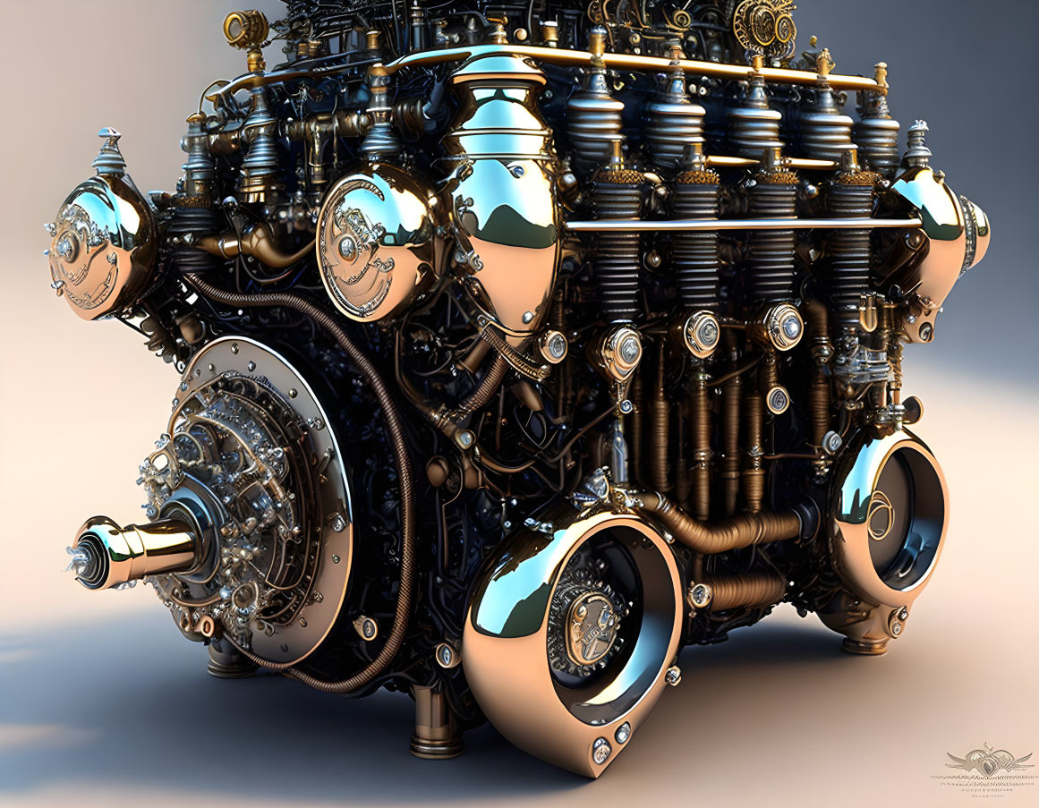 Detailed 3D rendering of steampunk-inspired engine with pipes, cogs, and gauges