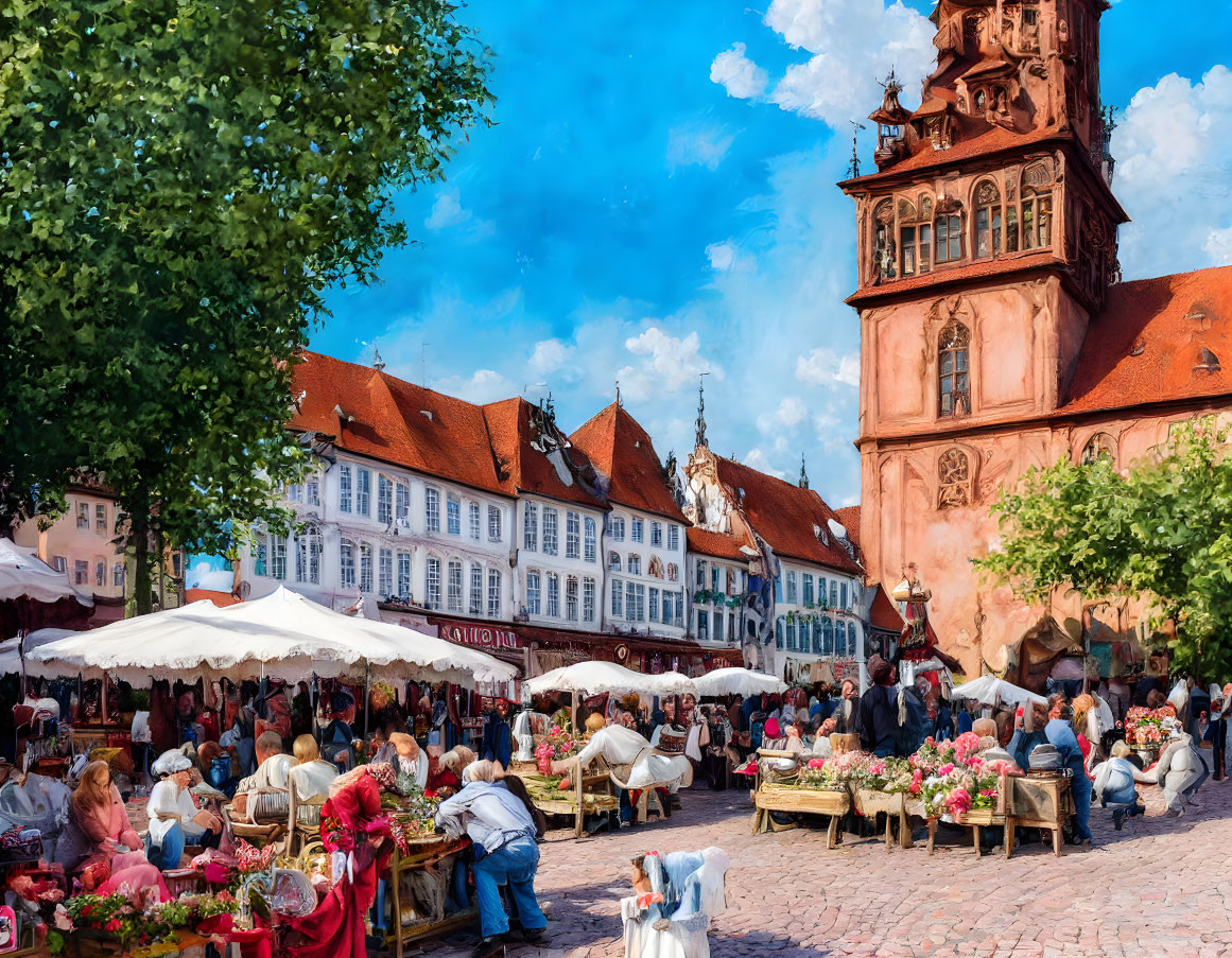 Colorful Outdoor Market Next to Historic Building and Clock Tower