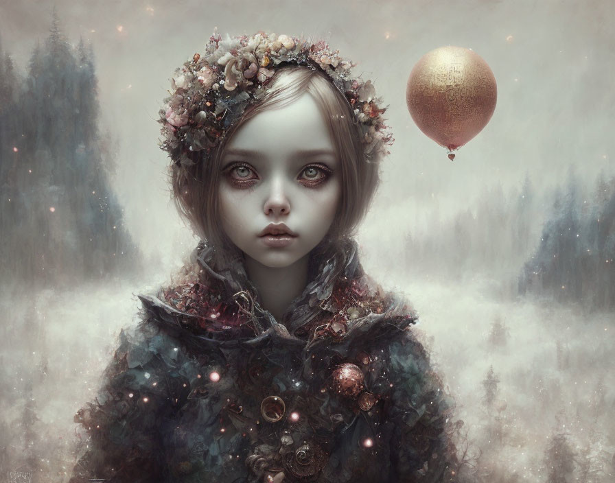 Pale girl with large eyes in floral crown and starry coat holding golden balloon in misty forest