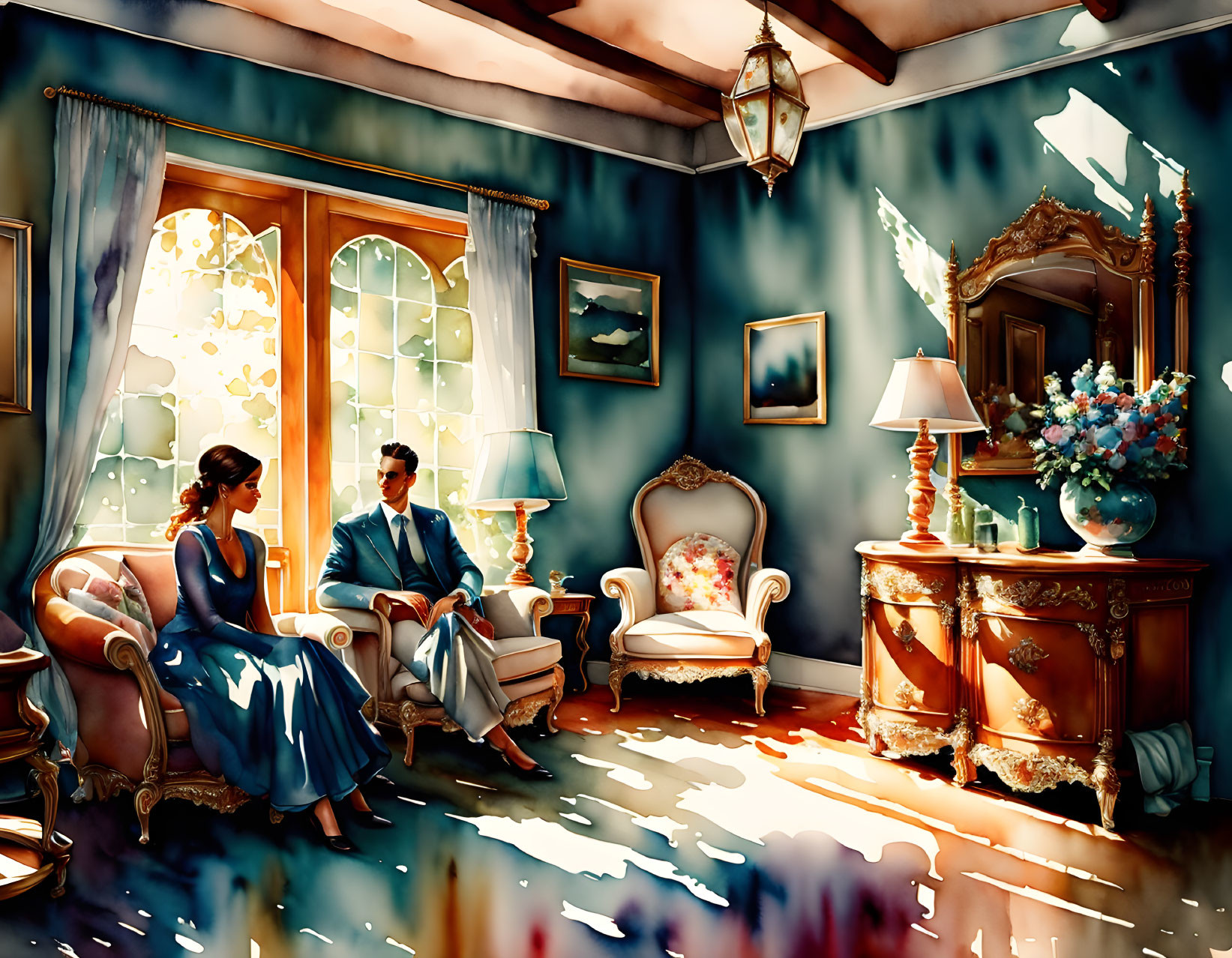 Vintage-themed illustration of a man and woman in elegant attire in a sunlit room