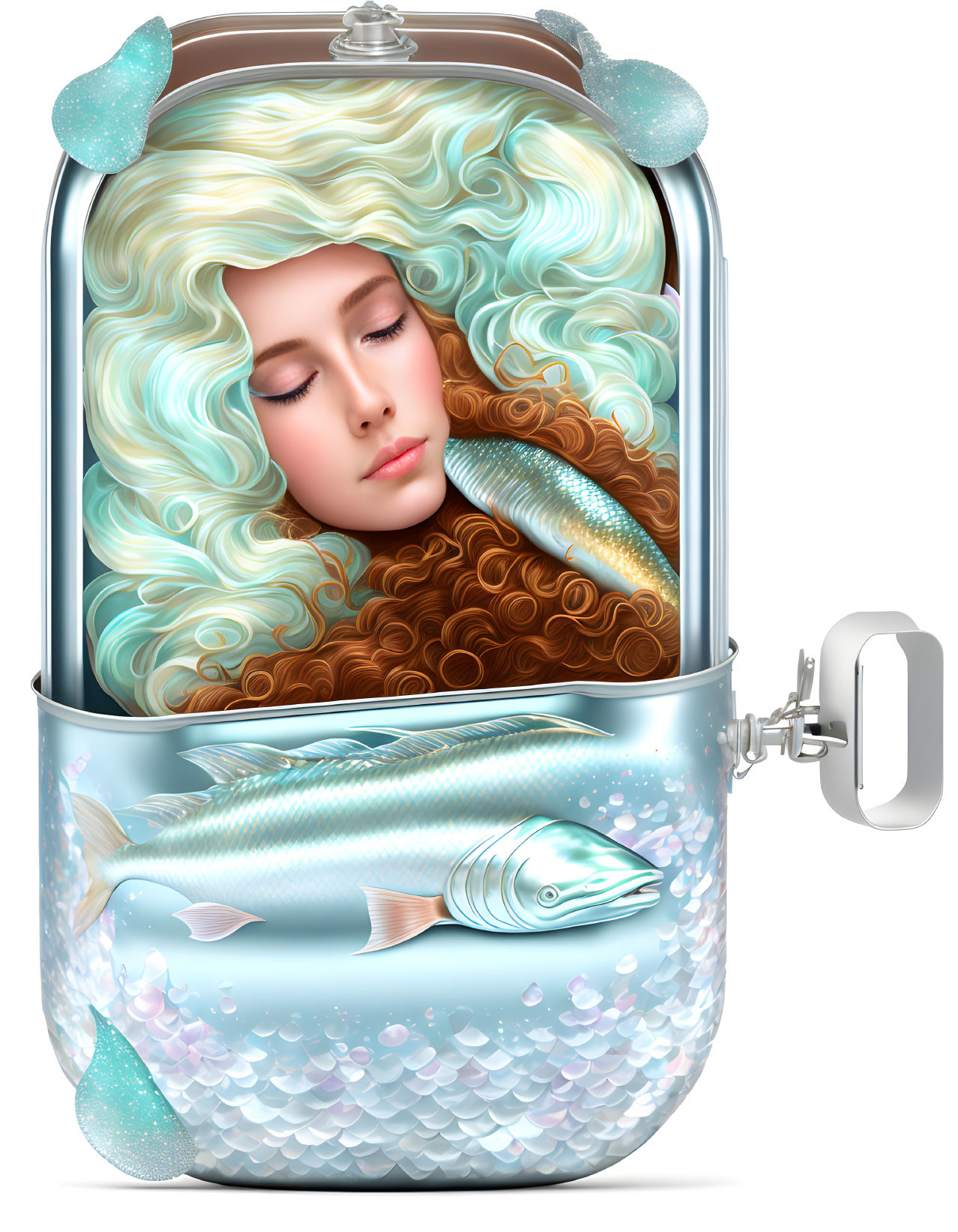 Surreal image of woman in water-filled sardine can with fish