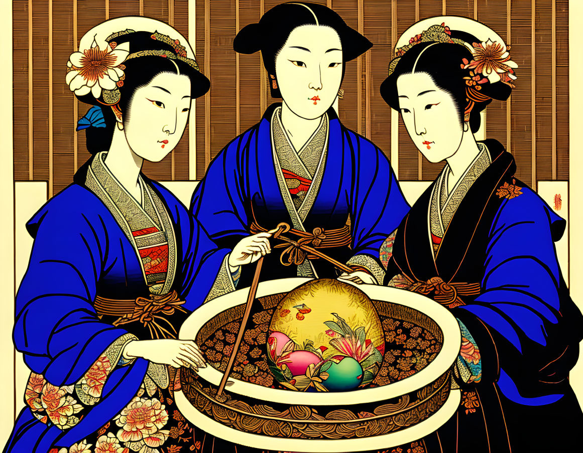 Three women in traditional Japanese attire with a large, intricately decorated egg in a basket