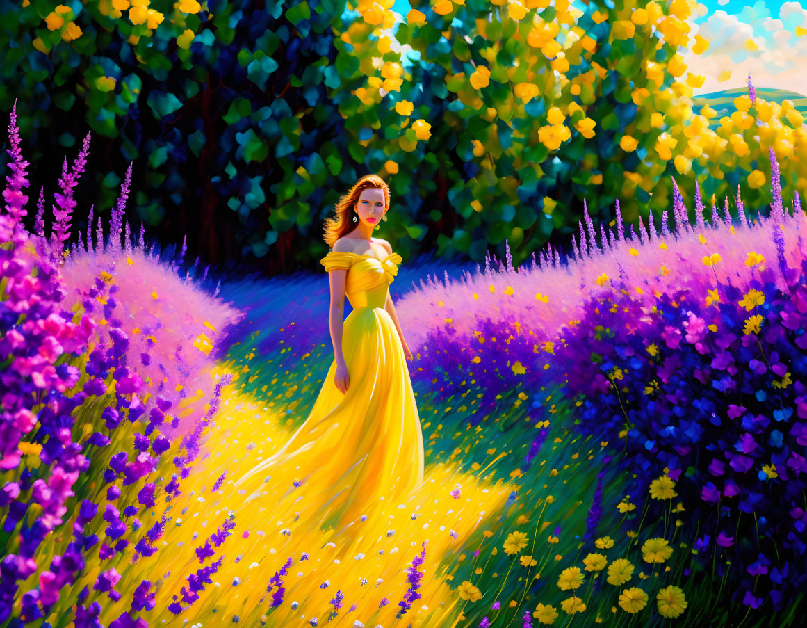 Woman in Yellow Dress Surrounded by Flowers and Nature