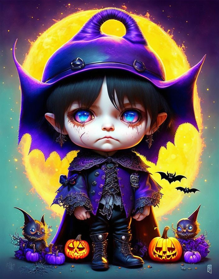 Child in witch costume surrounded by bats and pumpkins in mysterious setting