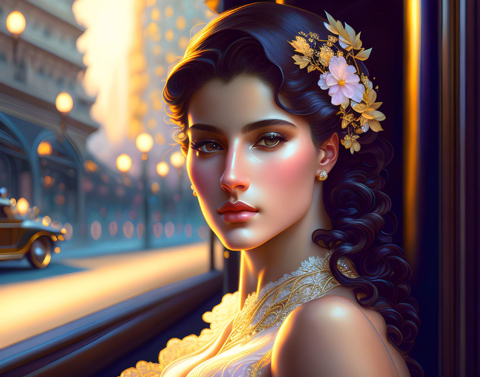 Digital artwork: Woman with floral hair accessory, stylized hair, and intricate clothing on city street at