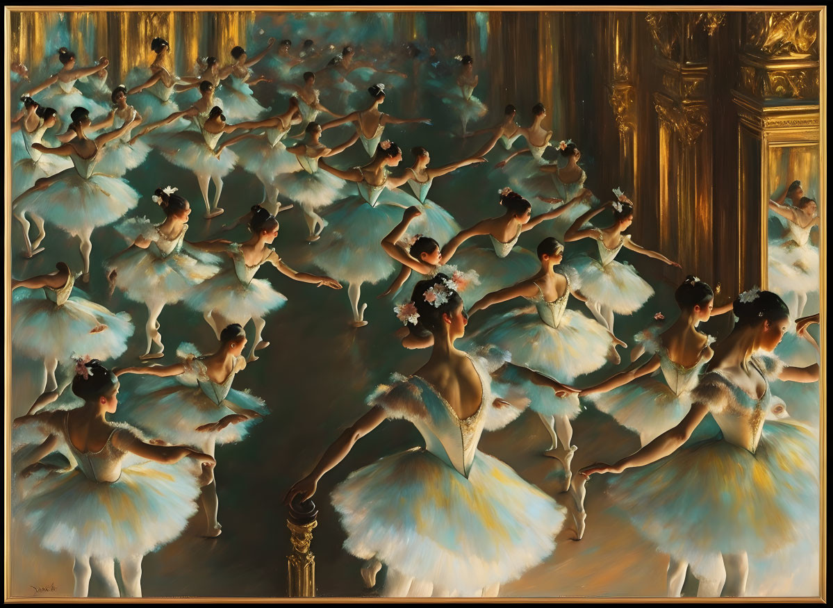 Group of ballerinas in white tutus on stage with golden ornate backdrop