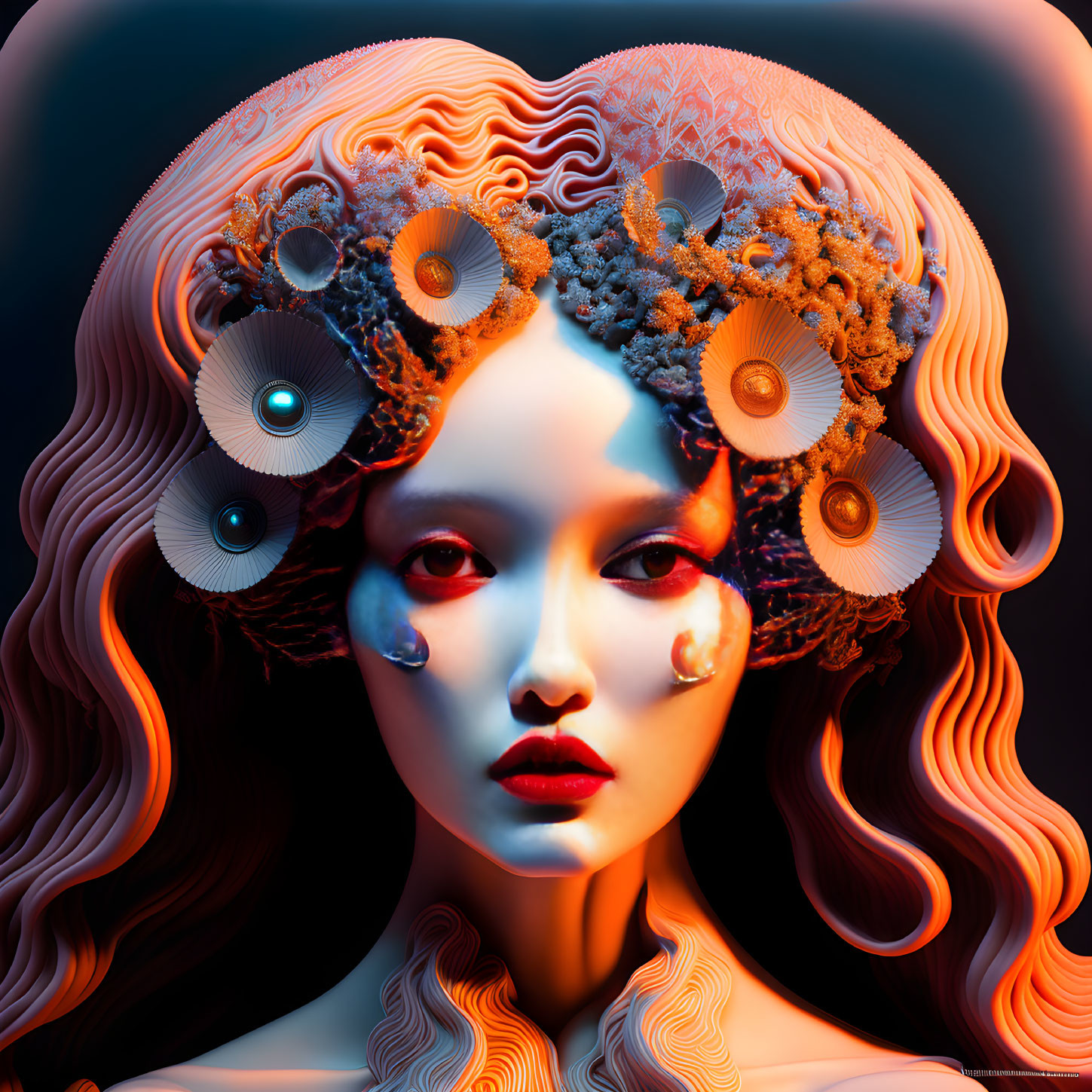 Surreal female portrait with flowing hair, coral structures, and vinyl records in vibrant colors