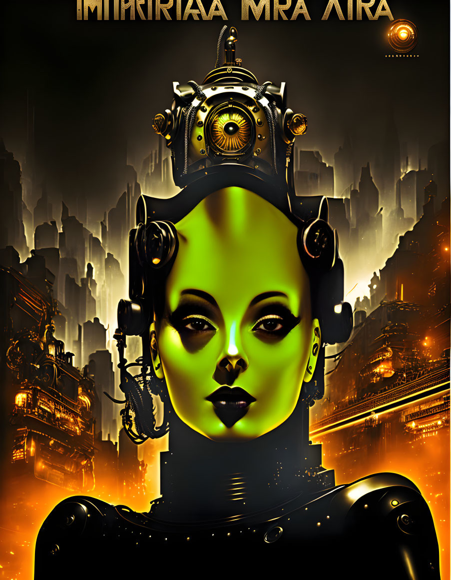 Futuristic female robot with green face and glowing eyes in golden cityscape