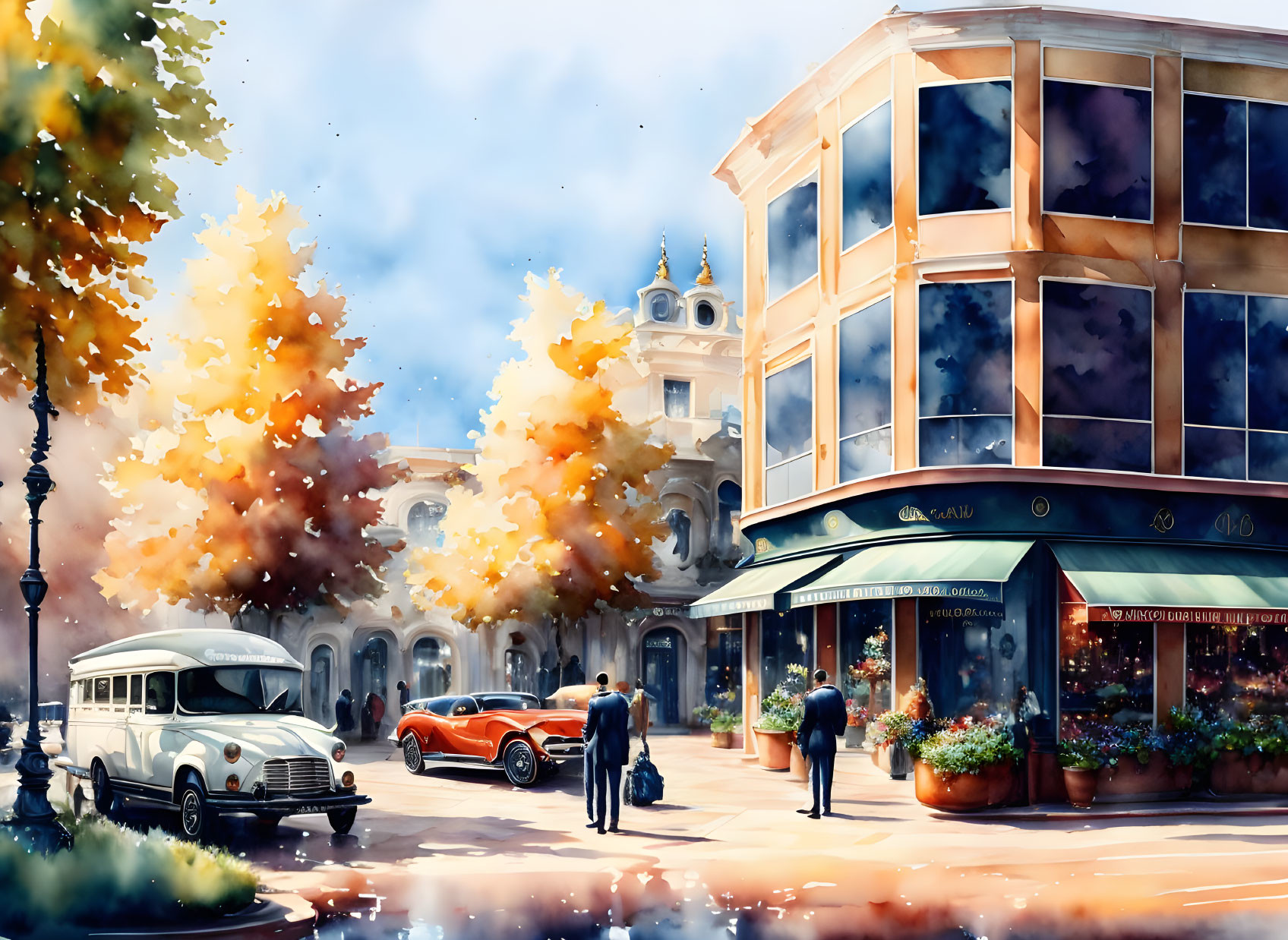 Sunlit Street Watercolor: Autumn Trees, Vintage Cars, Pedestrians, Corner Cafe