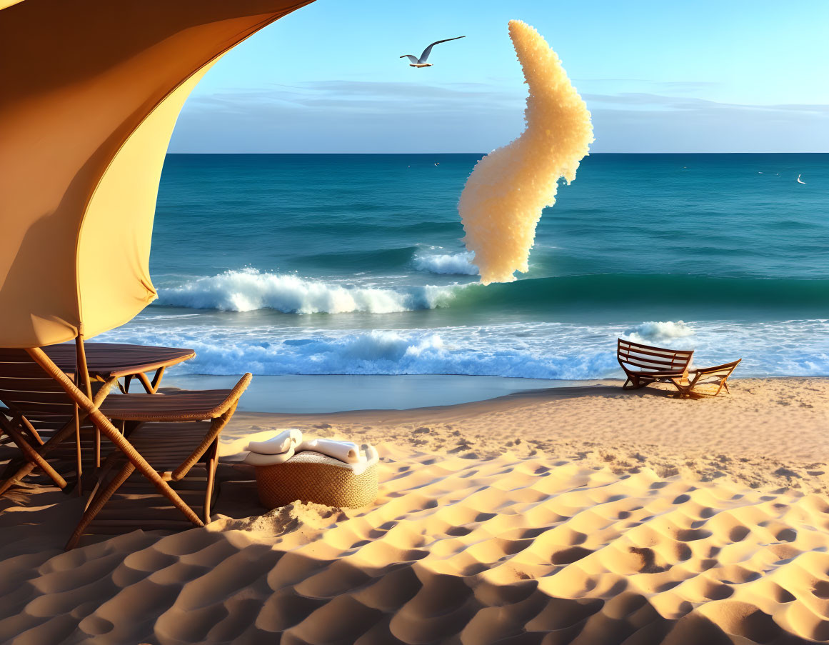 Beach scene with open tent, chairs, lounging area, and fluffy cloud-like object