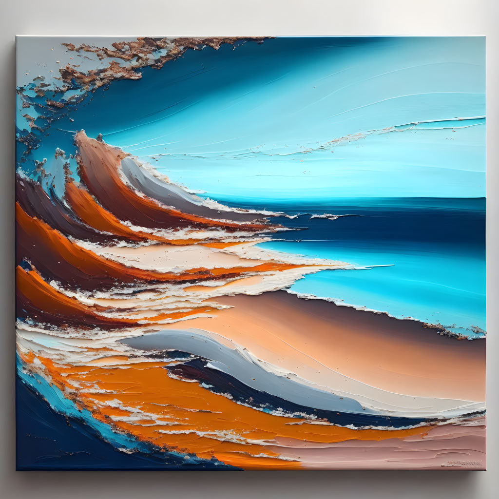 Abstract Painting: Vibrant Blue, Orange, and White Swirls Resembling Waves