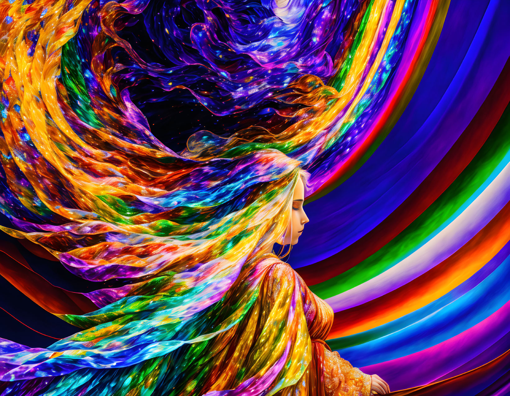 Abstract cosmic scene of woman with flowing hair in vibrant colors