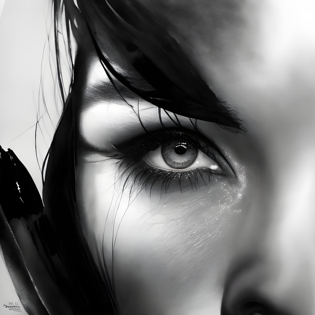 Detailed monochrome eye illustration with flowing hair and glitter accent