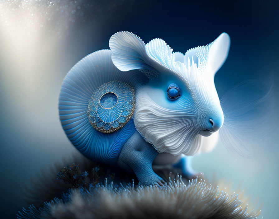 Elaborate Blue and White Frilled Rabbit with Seashell Pattern