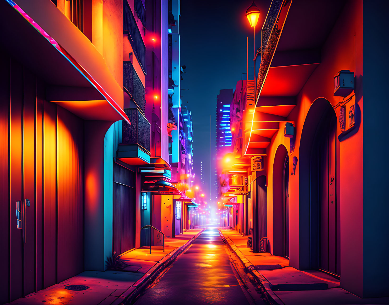 Neon-lit urban alley at night with purple and blue lights