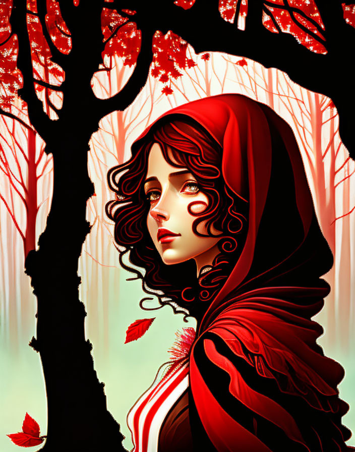 Stylized illustration of woman in red hood in mystical forest