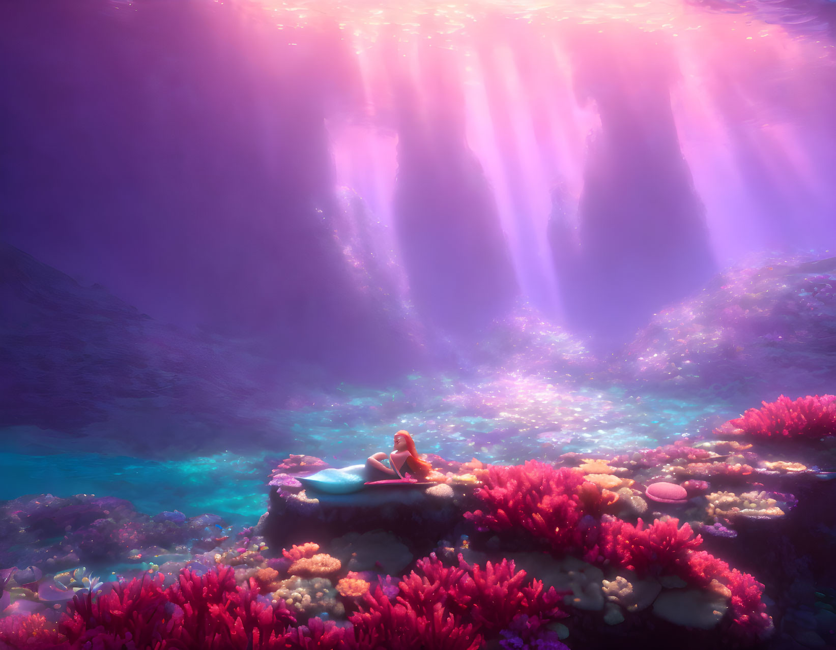 Person lying on rock surrounded by vibrant coral under mystical underwater light