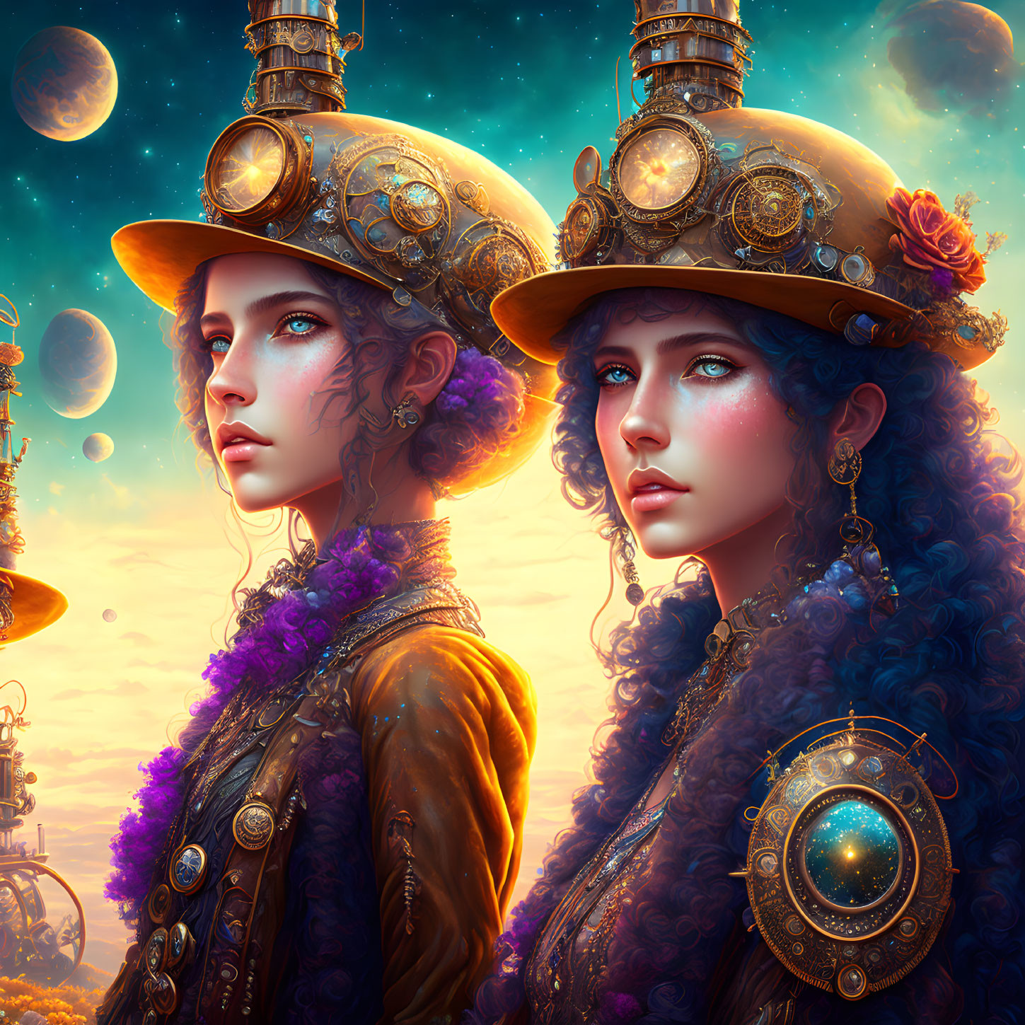 Two women in ornate steampunk attire against celestial backdrop with planets