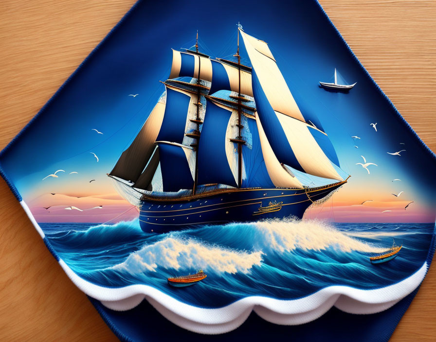 Tall ship sailing on ocean waves on wooden desk