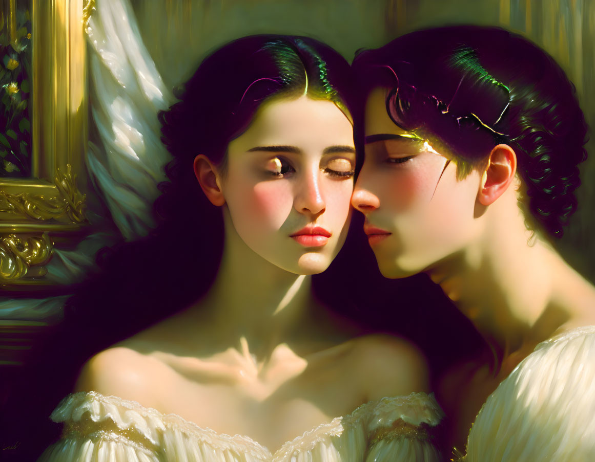 Classical painting of two individuals embracing tenderly in warm light