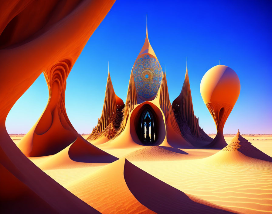 Futuristic desert landscape with organic-shaped structures under clear blue sky