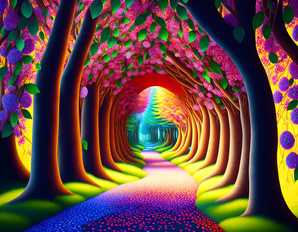 Colorful Psychedelic Forest with Winding Path and Luminous Trees