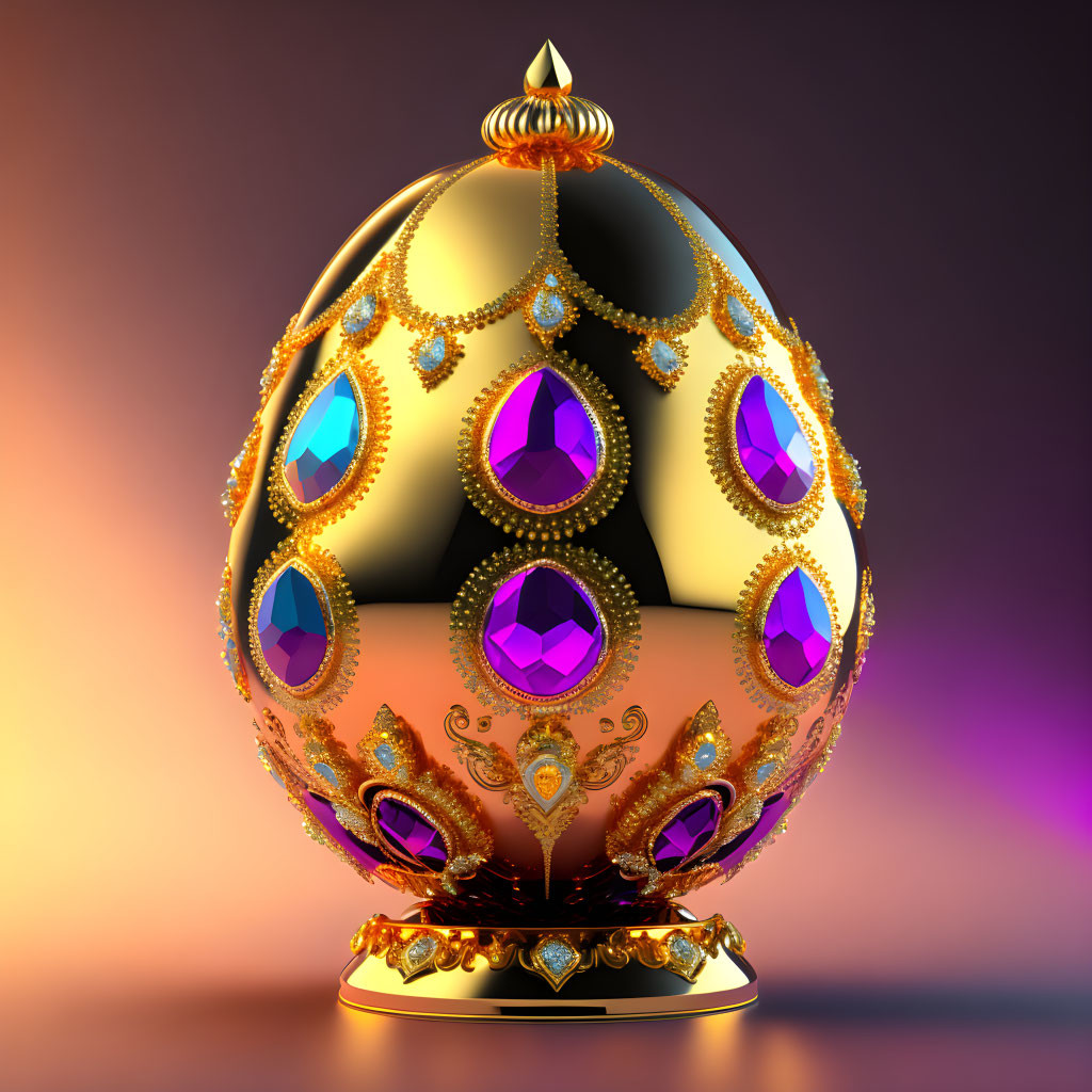 Golden egg with purple gemstones on purple-orange gradient background