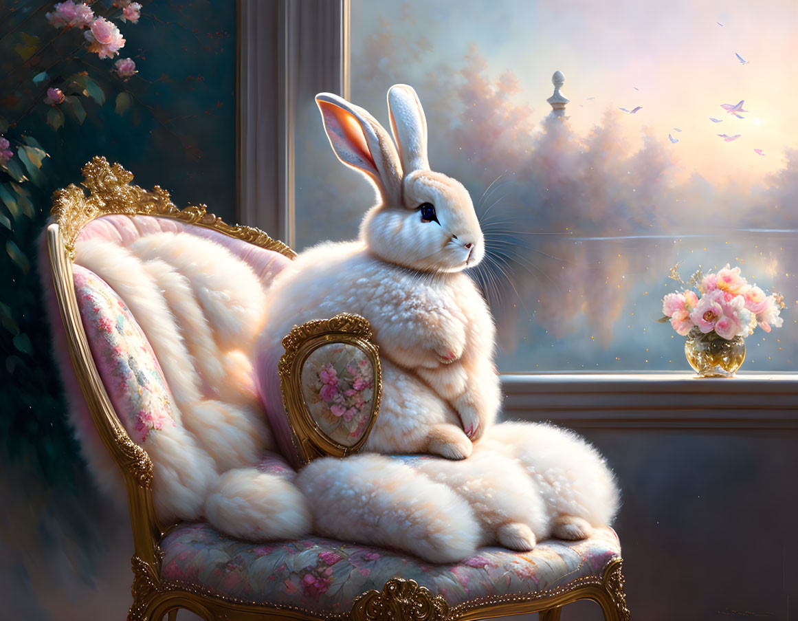 White Rabbit Resting on Floral Armchair at Sunset