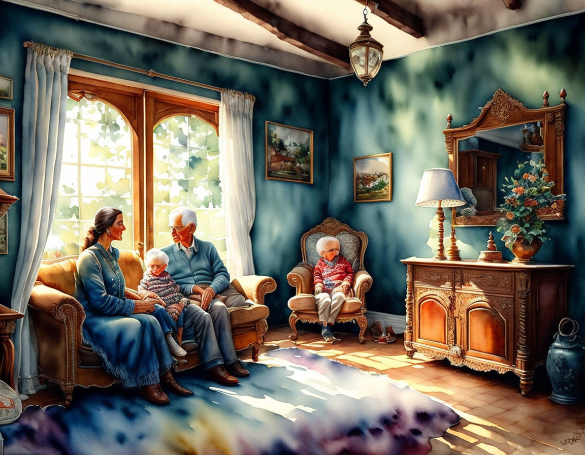 Elderly couple in cozy vintage living room knitting and reading newspaper