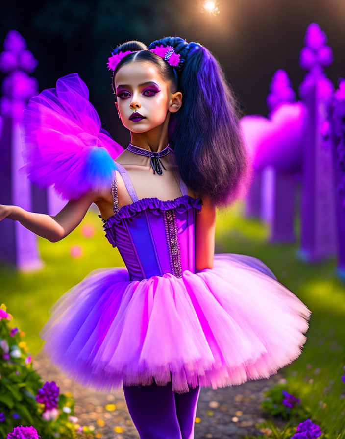 Person in Vibrant Purple Ballet Attire in Whimsical Purple-Toned Garden