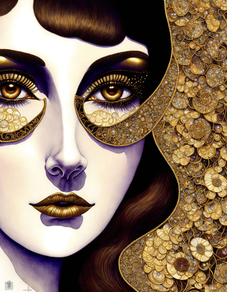 Illustration of woman with golden mask details, lush eyelashes, and decorative patterns.