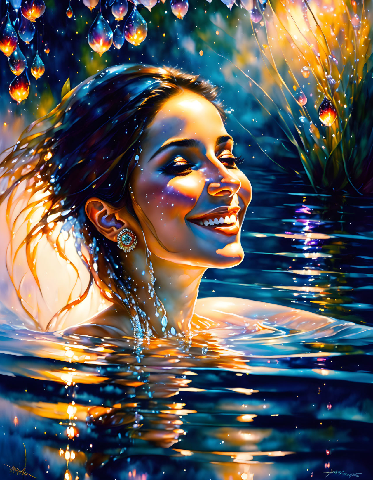 Smiling woman bathes under night sky with vibrant lights