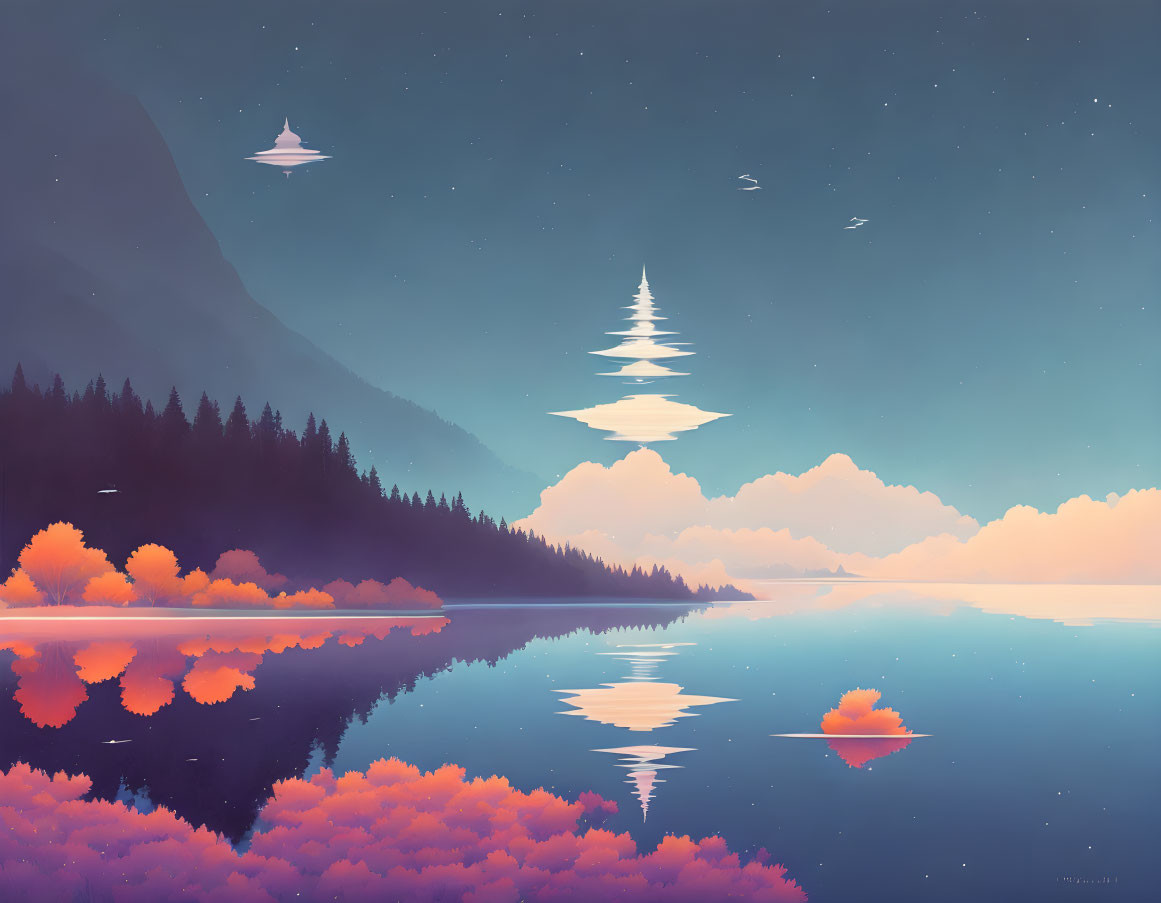 Tranquil landscape with reflective lake, colorful foliage, misty mountains, and UFO.